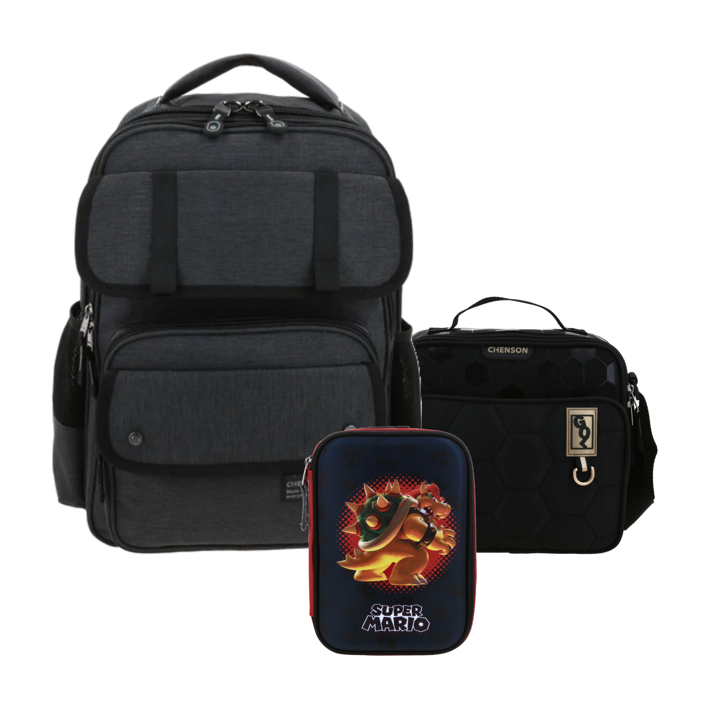 Kit Chenson Pro Negro (Mochila + Lonchera Chenson Original + Lapicera Mario Bros) | Primaria y secundaria